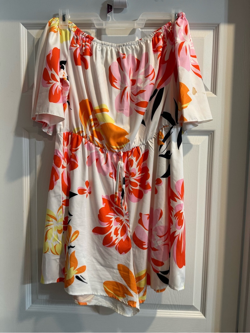 SHEIN White Floral Off-Shoulder Romper with Pink Orange Yellow Accents